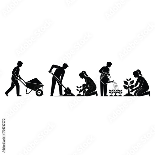 A sequence of black silhouette icons showing people planting digging watering and growing plants in a garden.