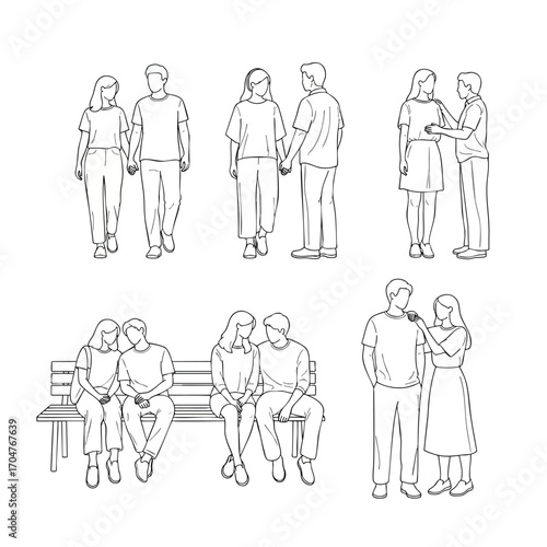 A set of handdrawn line art illustrations depicting a young romantic couple in various poses of affection.