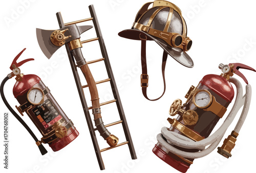 Steampunk Firefighting Equipment Axe Helmet Extinguishers and Ladder