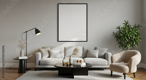 Modern Living Room Interior Design Mockup Grey Sofa Minimalist Home Decor