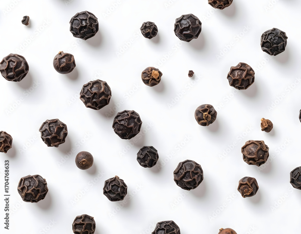 Obraz premium Black Peppercorns on White Background, Dried Spice for Cooking and Seasoning