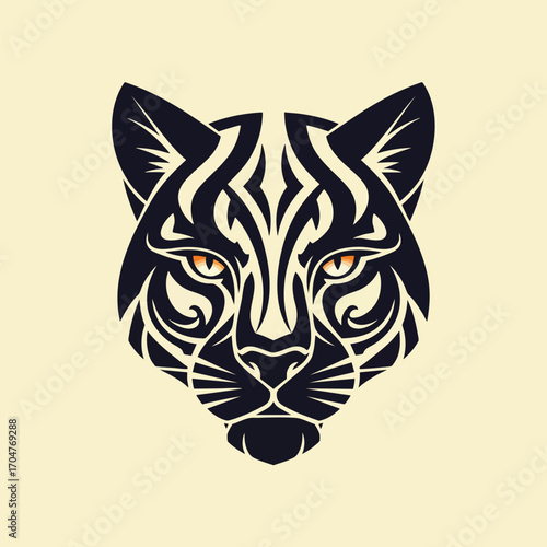 A stylized black tribal cat head with piercing amber eyes.