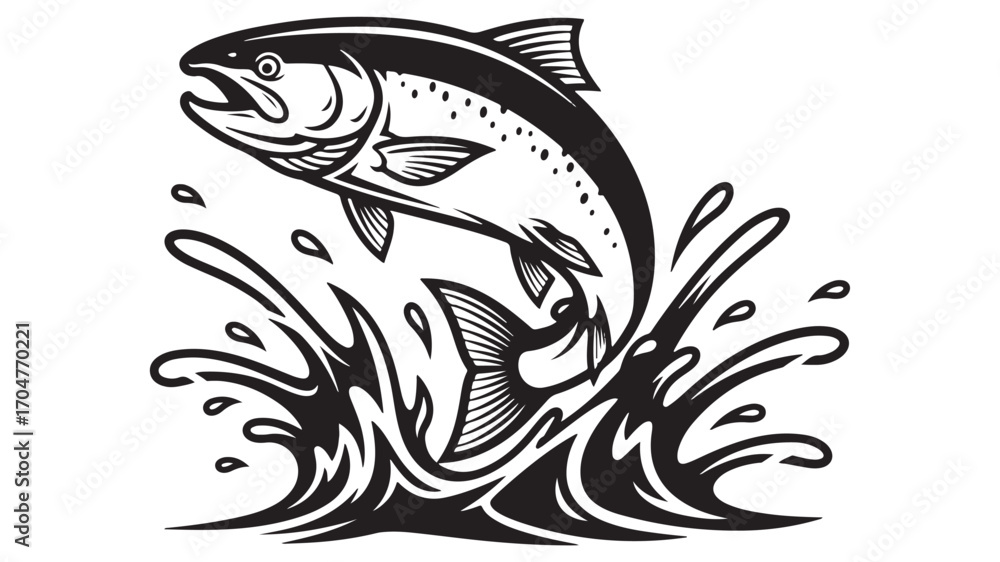 Obraz premium Stylized Black and White Salmon Leaping Upward with an Open Mouth