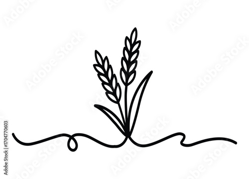 Minimalist Wheat Stalk Illustration for Organic Food and Agriculture Concepts in Black and White Design