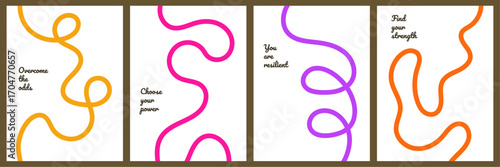 vertical posters with colorful wavy lines background ; Vibrant abstract design with wave lines. motivational quote: Overcome the odds, Choose your power, You are resilient, Find your strength