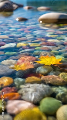 Colorful stones under clear water, with autumn leaves gently floating