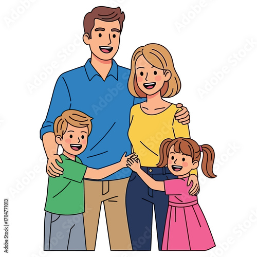 Happy Family Portrait Cartoon Illustration of Parents and Two Children Embracing.