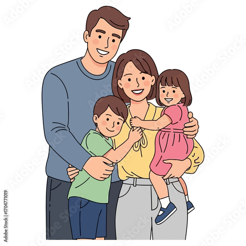 Happy Family Portrait Parents Embracing Two Children.