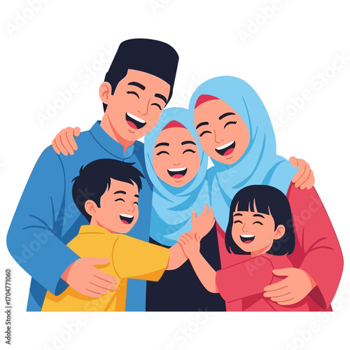 Joyful Muslim Family Portrait Father Mother and Children Embracing with Happiness.