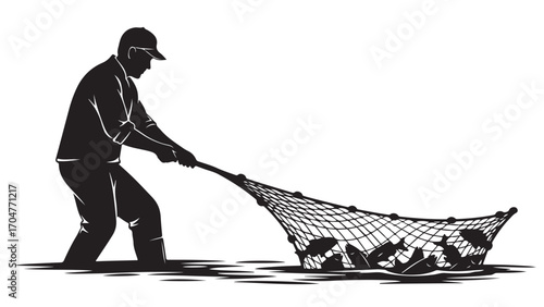 Silhouette of a Fisherman Pulling a Net Full of Fish from the Water