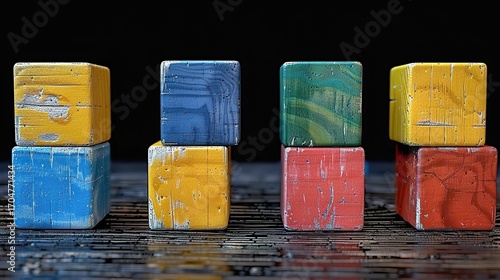 Colorful wooden blocks aligned. Wide format. 