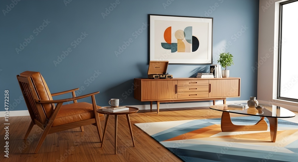 Fototapeta premium Mid century modern living room with leather armchair wood credenza and abstract