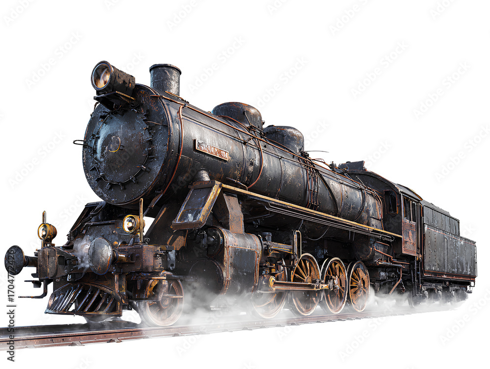 Naklejka premium Angled perspective vintage steam locomotive train isolated on transparent background PNG