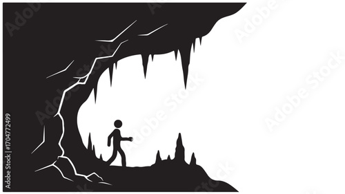 Person Walking in Cave Entrance with Stalactites and Bright Light