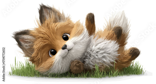 Cute cartoon fox lying on grass