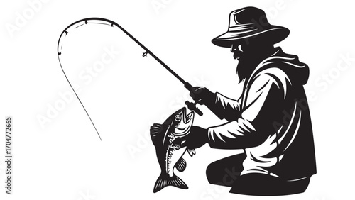 Silhouette of a Fisherman Holding a Caught Fish and Bent Fishing Rod