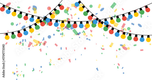 colorful christmas lights garland with confetti, new year party template, xmas decoration background, birthday event round bulbs