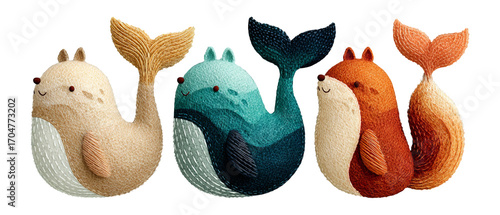 Adorable Whimsical Creatures with Artistic Textured Fur and Colorful Tails