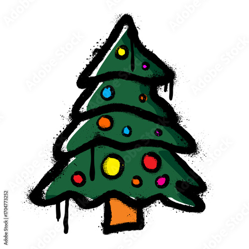 Colorful grunge spray paint Christmas tree with lights. Festive holiday illustration perfect for greeting card, poster, sticker, and graphic design