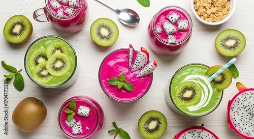 Vibrant smoothie assortment showcasing dragon fruit and kiwi blend healthfully