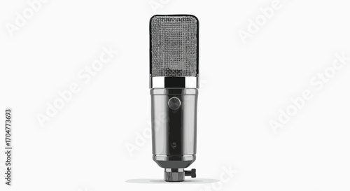 A silver condenser microphone with a dark gray mesh grille.
