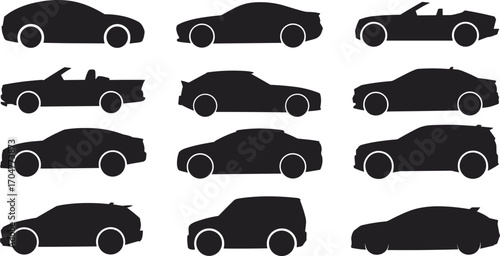 Car silhouette vector set, sedan coupe SUV hatchback convertible icons, automotive body styles collection for transport, vehicle design, and infographic use