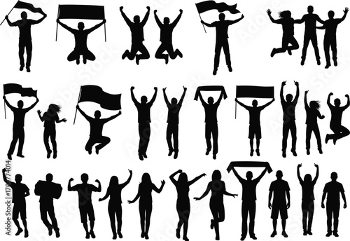 Celebration silhouettes, people with flags, protest poses, unity crowd, expressive gestures, vector illustration for campaign, event, freedom, activism, demonstration, awareness design
