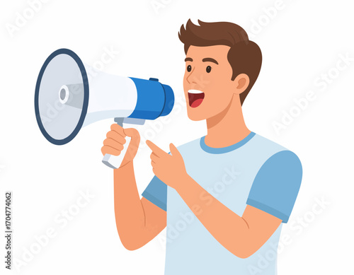 Young man shouting into a megaphone, making an important announcement or protesting. Vector illustration of a speaker with a bullhorn