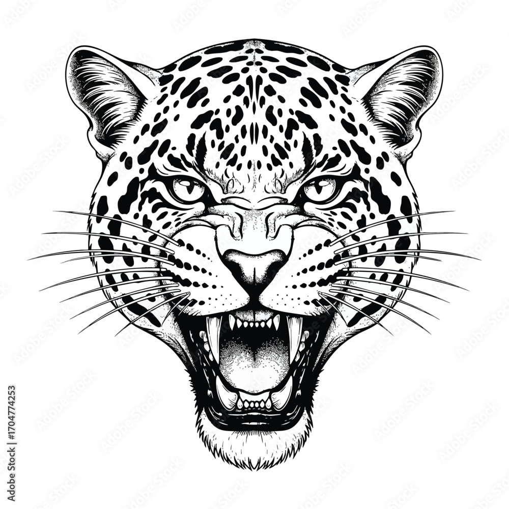 Fototapeta premium Fierce black and white illustration of a snarling leopard head with bared fangs.