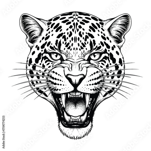 Fierce black and white illustration of a snarling leopard head with bared fangs.