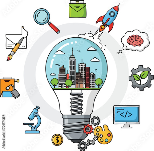 Innovative city concept, illustrated as a lightbulb with a cityscape inside, surrounded by various creative and technological icons.