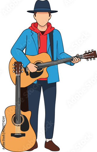 A man in a blue jacket playing an acoustic guitar.
