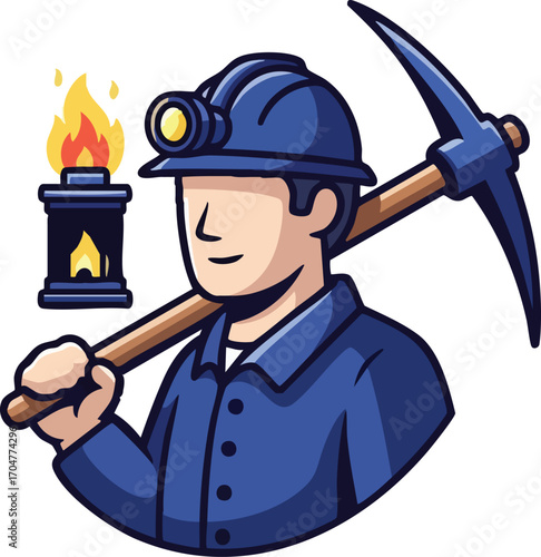 A cartoon illustration of a smiling coal miner wearing a hard hat with a headlamp, holding a pickaxe over his shoulder next to a lit lantern.