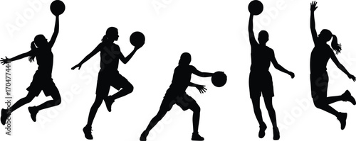Silhouette of Female Basketball Players in Action Poses, Dribbling, Jumping, and Shooting Isolated on White Background Vector Illustration