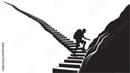 Silhouetted Hiker Climbing Steep Stairs Up a Mountain