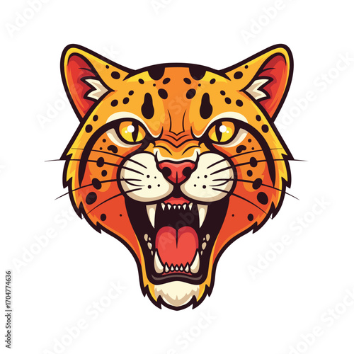 Fierce roaring spotted wildcat head with bared fangs mascot style illustration.