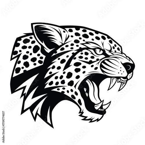 Fierce roaring spotted leopard head in a bold black and white graphic illustration.