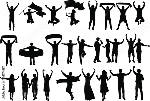 Crowd celebration silhouette, people with flags and banners, dancing, jumping, cheering, black vector illustration, unity protest concept, expressive public gathering art