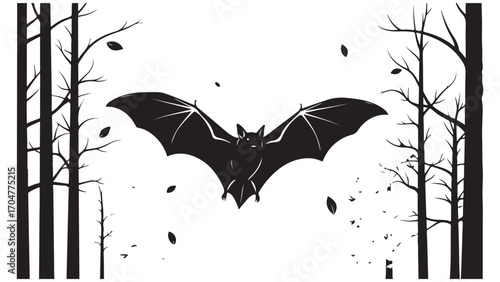 Black Bat Flying in Spooky Bare Forest with Falling Autumn Leaves
