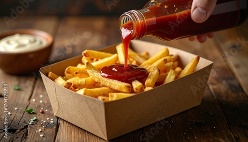 Crispy French Fries Served with Ketchup in a Sustainable Takeout Box, Fresh Golden Fries with Ketchup Being Poured for a Delicious Fast Food Meal