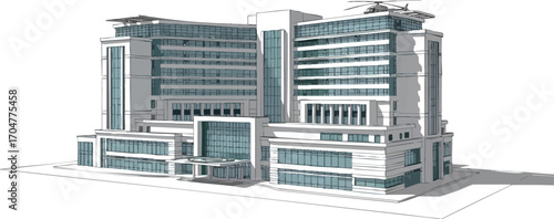 A modern hospital building with a helipad on the roof, showcasing contemporary architectural design.