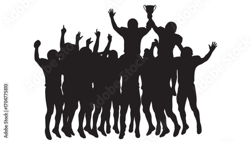 Silhouette of a Triumphant American Football Team Celebrating Championship Victory with a Trophy
