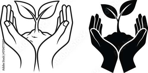 Two hands cupping soil with a small plant growing, symbolizing care and environmental consciousness.