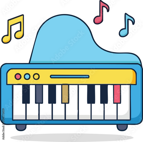 A cute blue toy grand piano with yellow accents and musical notes floating above it.