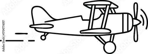 A biplane aircraft in flight, depicted in a simple line art style.