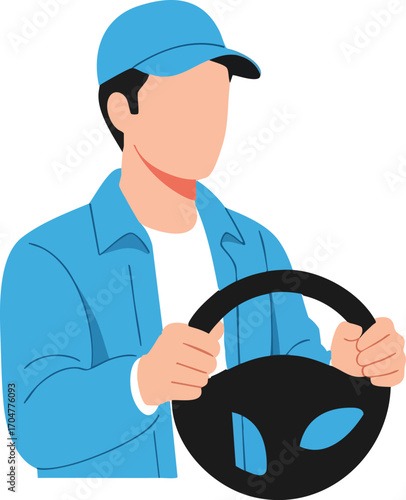 A man in a blue uniform driving a vehicle.