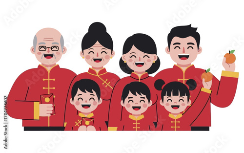 Joyful Chinese Family in Traditional Attire Celebrating Lunar New Year with Oranges.