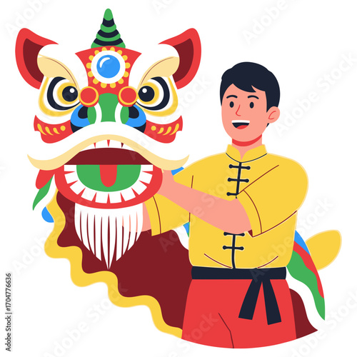 Joyful Chinese Lion Dance Performer Holding Traditional Mask.