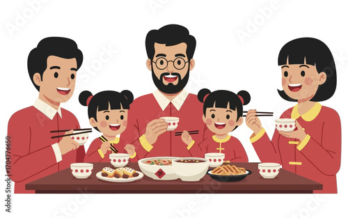Joyful Family Celebrating Chinese New Year with Traditional Feast and Chopsticks.