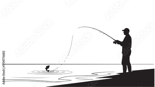 Silhouette of a Fisherman Catching a Jumping Fish in Water